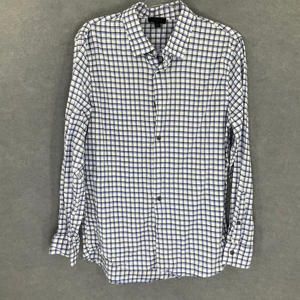 Magaschoni Mens Sz M‎ Classic Fit Blue White Plaid Long Sleeve Button Up Shirt